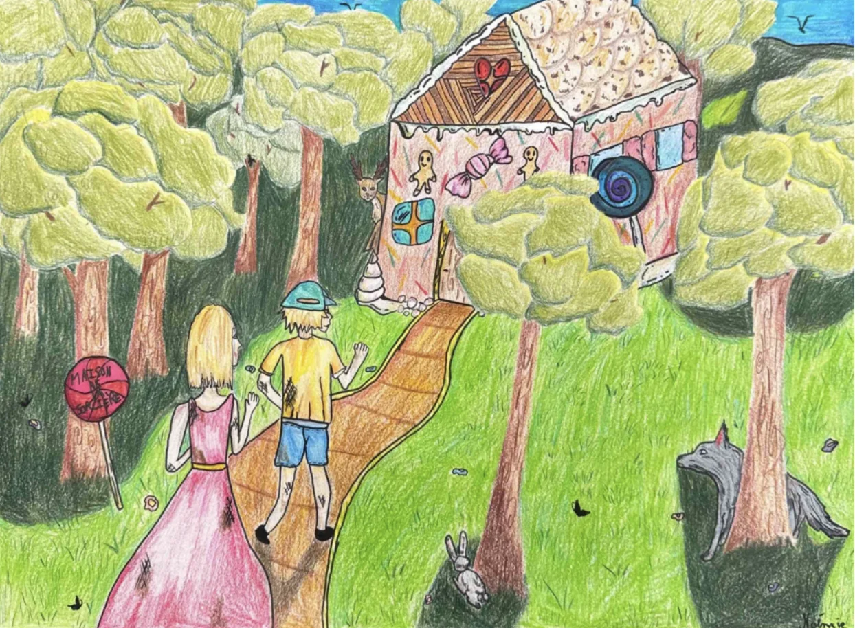 Dessin d'enfant : Hansel et Gretel devant une maison en pain d'épice