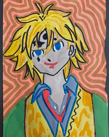 Dessin d'enfant au feutre d'un personnage manga coloré